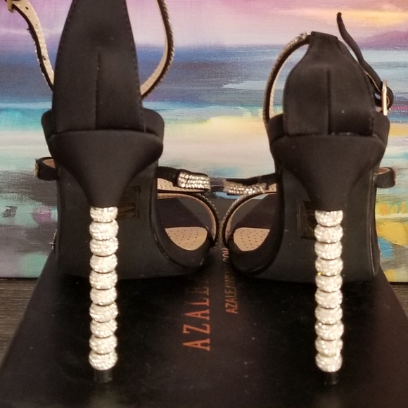 Azalea Wang Strappy Black Satin Sandal w/Rhinestone Bauble Heel & Embellishment - Picture 3 of 6